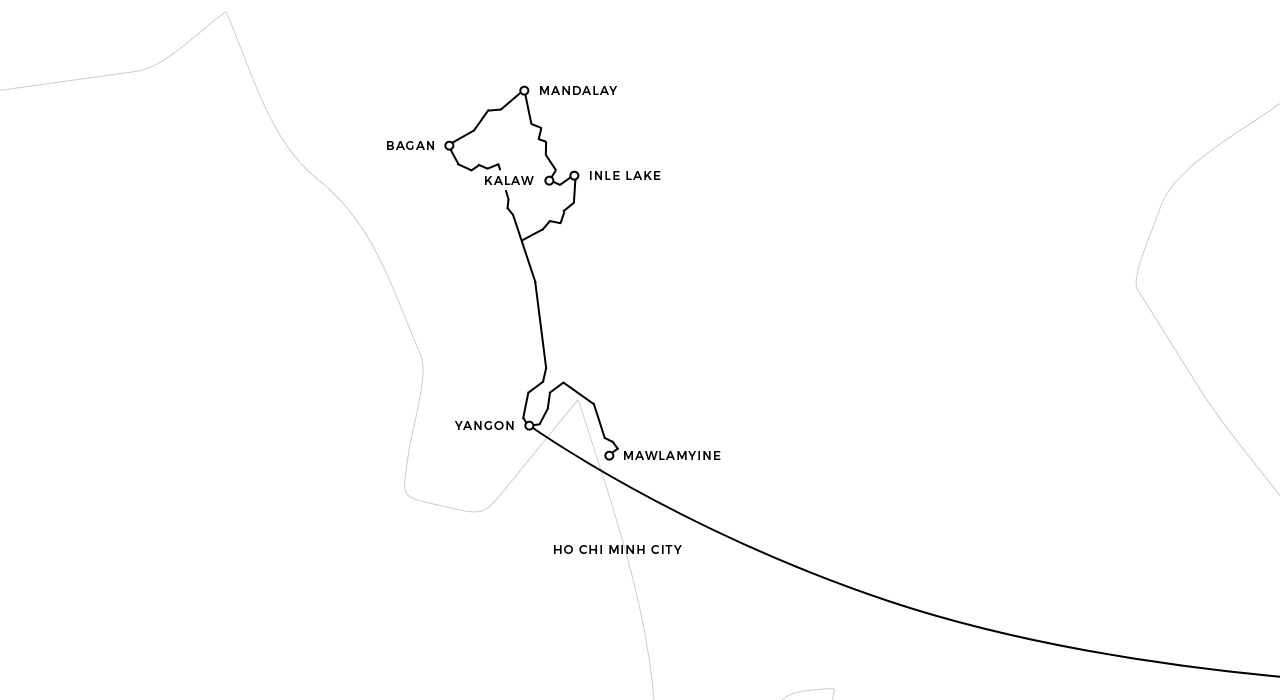 World map showing the route of my travels through Myanmar.