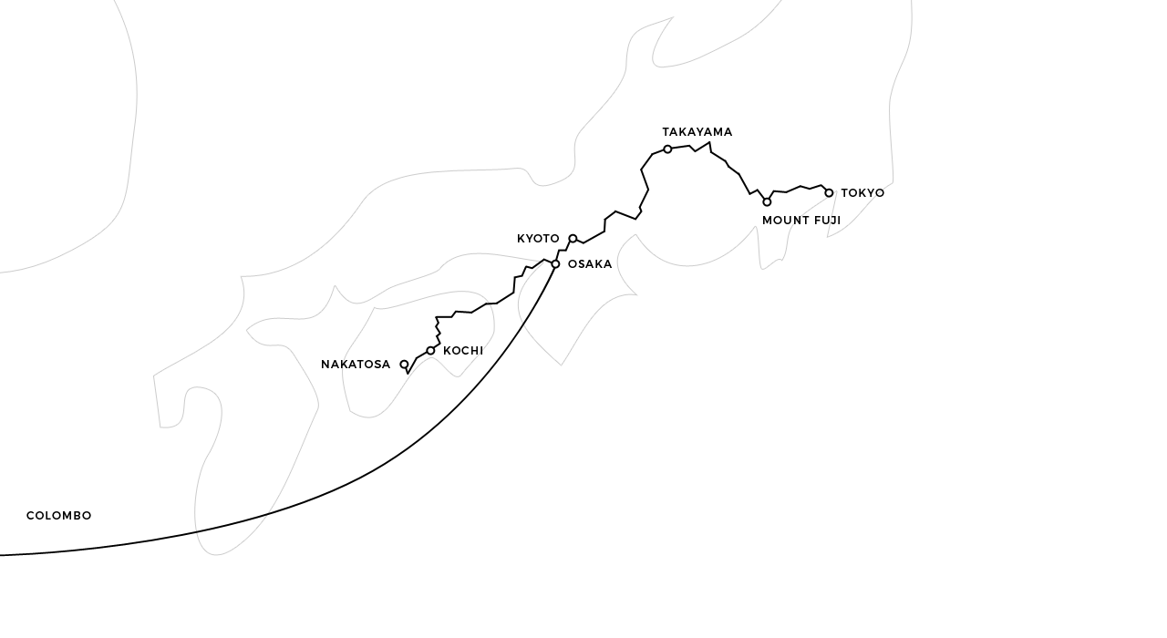 World map showing the route of my travels through Japan.